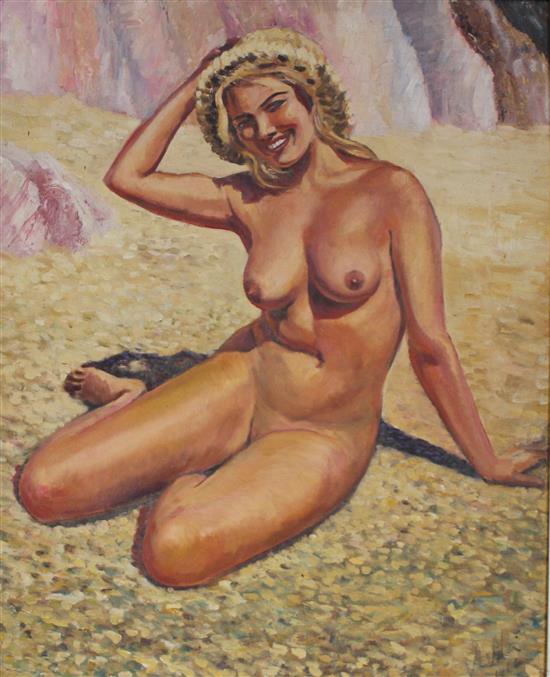 Oil on board, babe on beach 1965, signed
